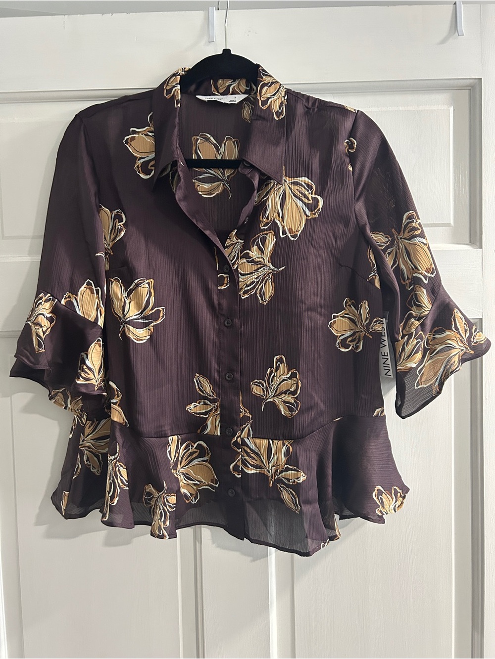 Nine West Plum Floral Peplum Button-Front Blouse